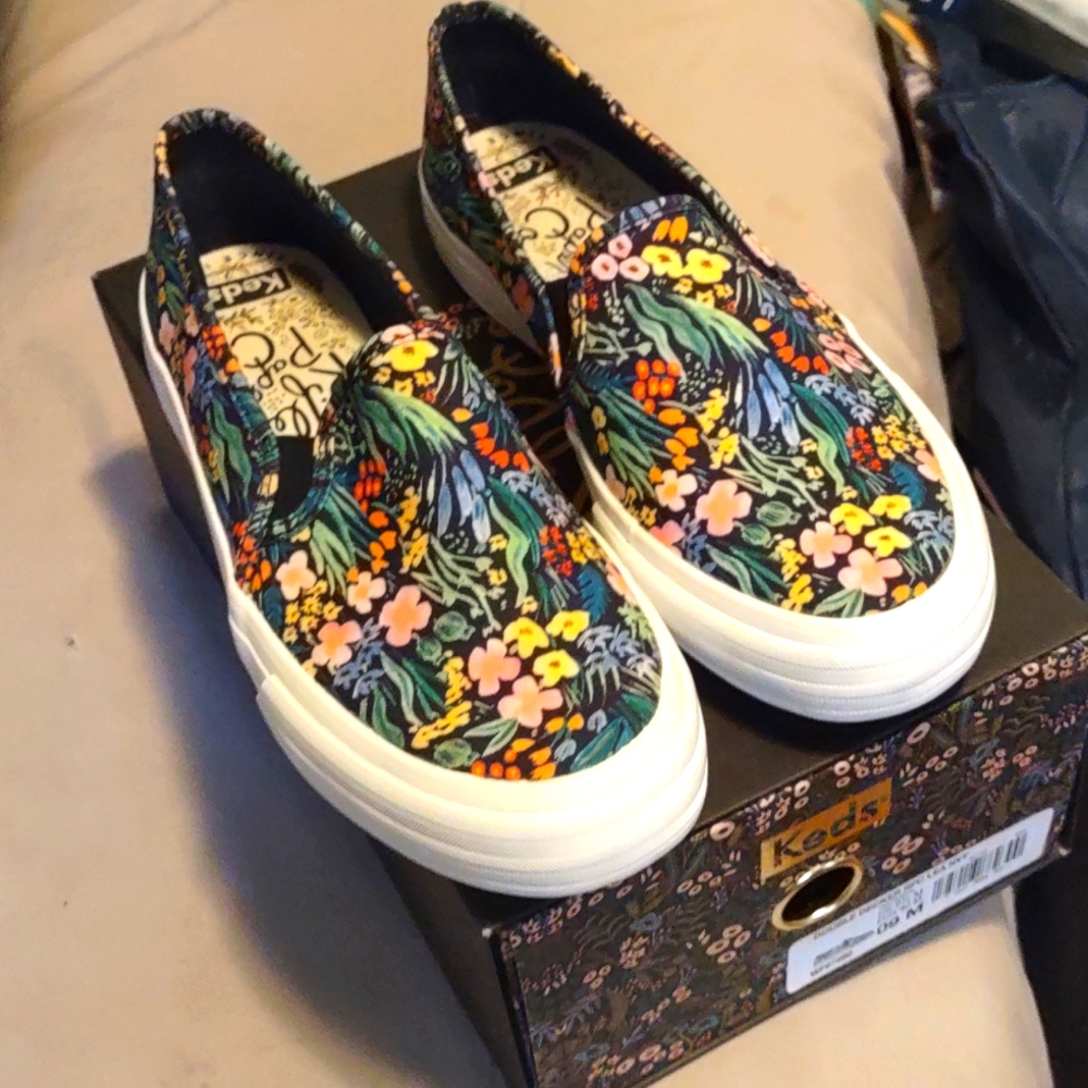 Used Keds Rifle Paper Co Womens Slip On Shoes Blue Canvas Stretch Floral Casual